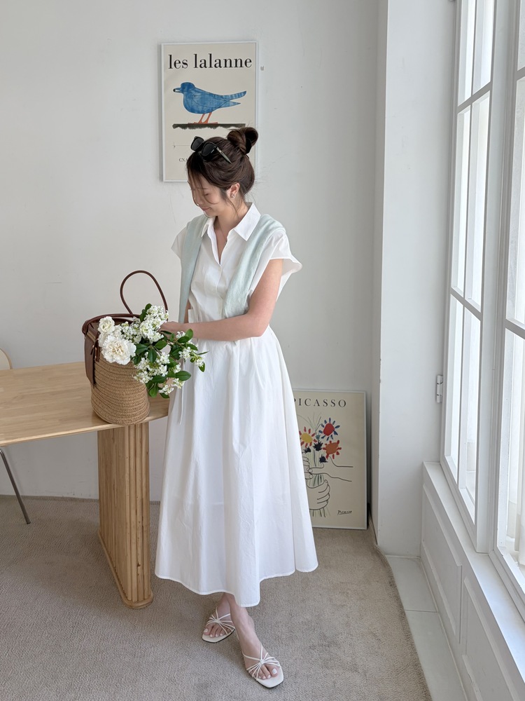 Elasticated Waist Shirt Dress (White)