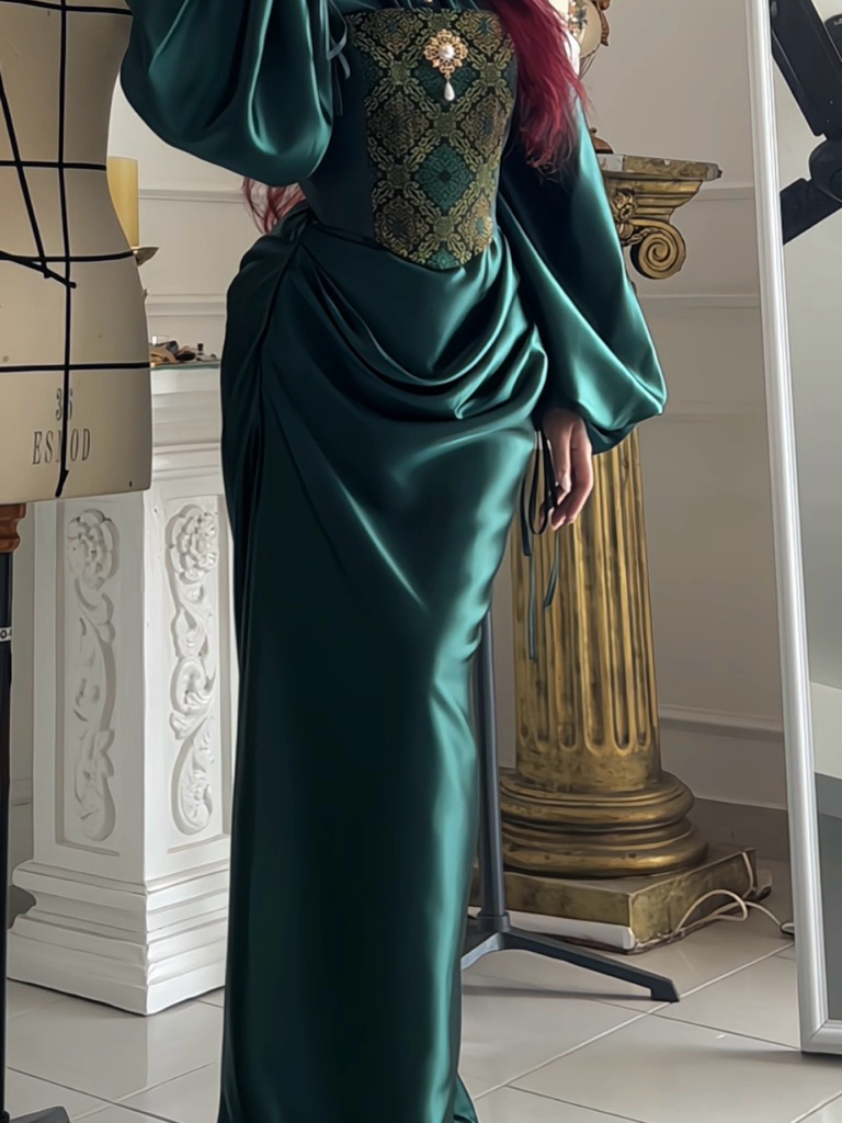 Kadita Songket Corset and Draped Skirt with King Blouse in Emerald Green