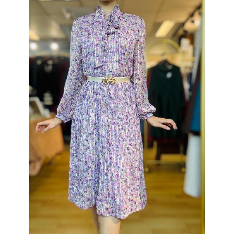 Vintage Purple Floral Pattern Tie Collar Pleated Chiffon Day Dress (MT2260-10)