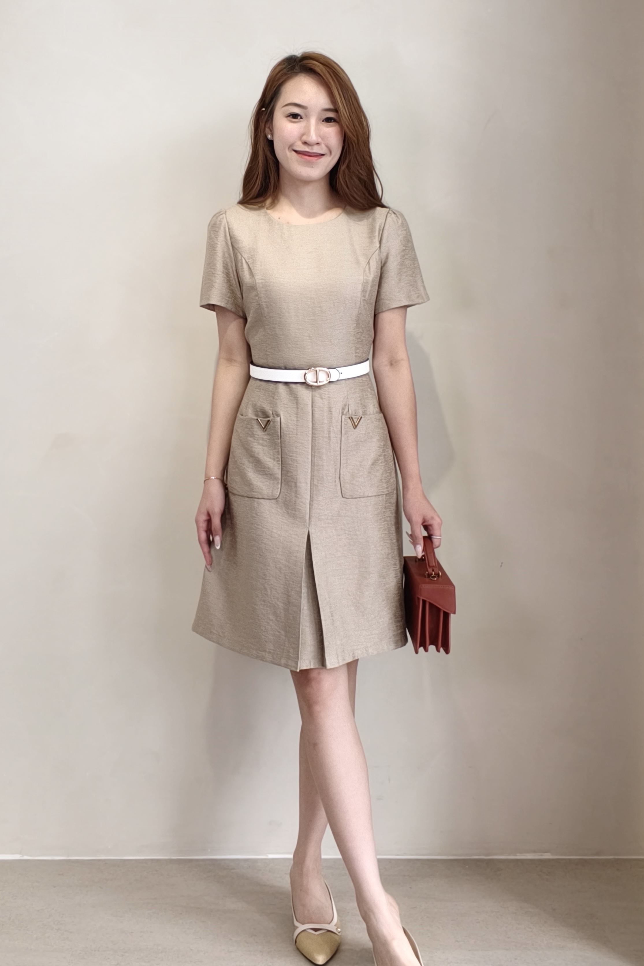 52175 Belted Pocket A-Line Midi Dress