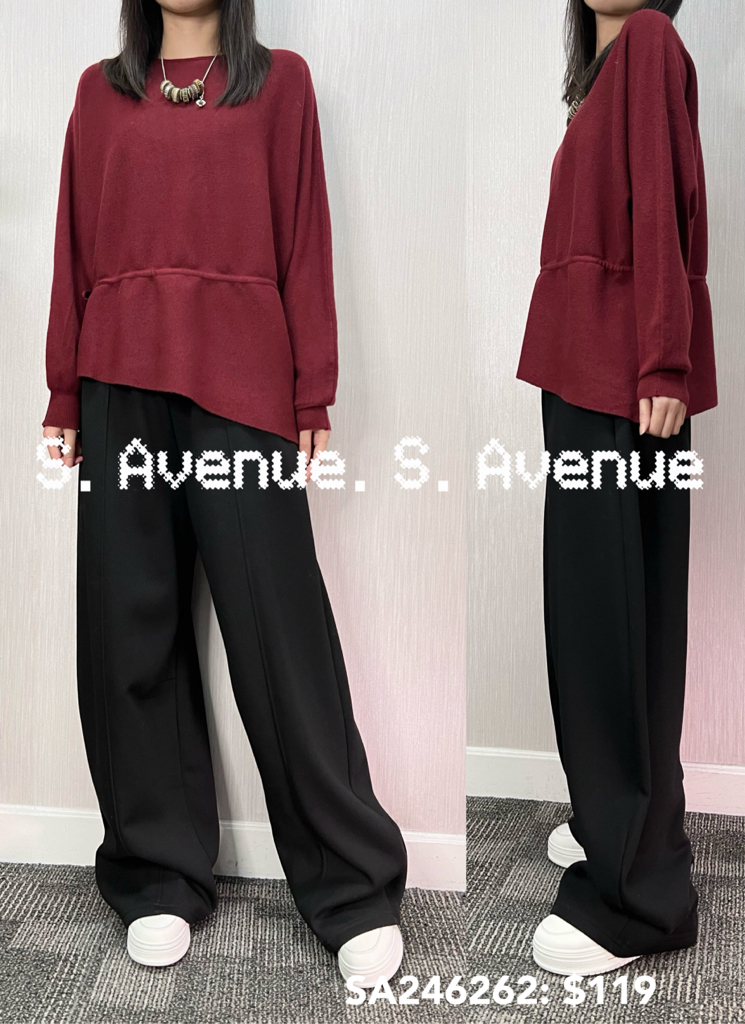 SA246262: 長袖小蝙蝠鈄腳束腰線冷top