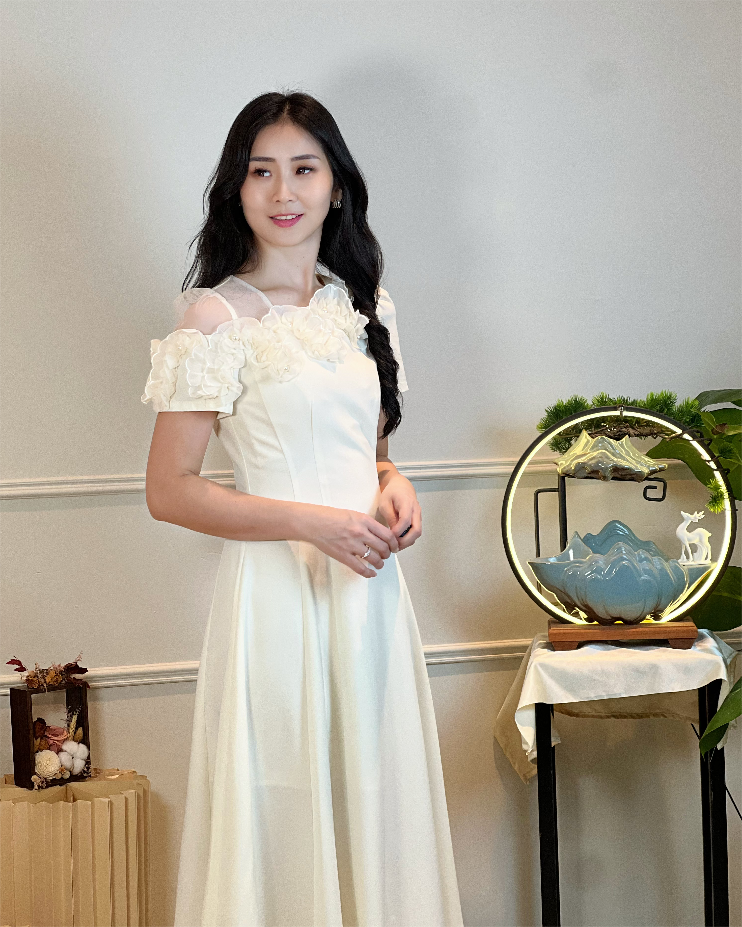 5093 3D Floral Chiffon Appliqué Midi Dress