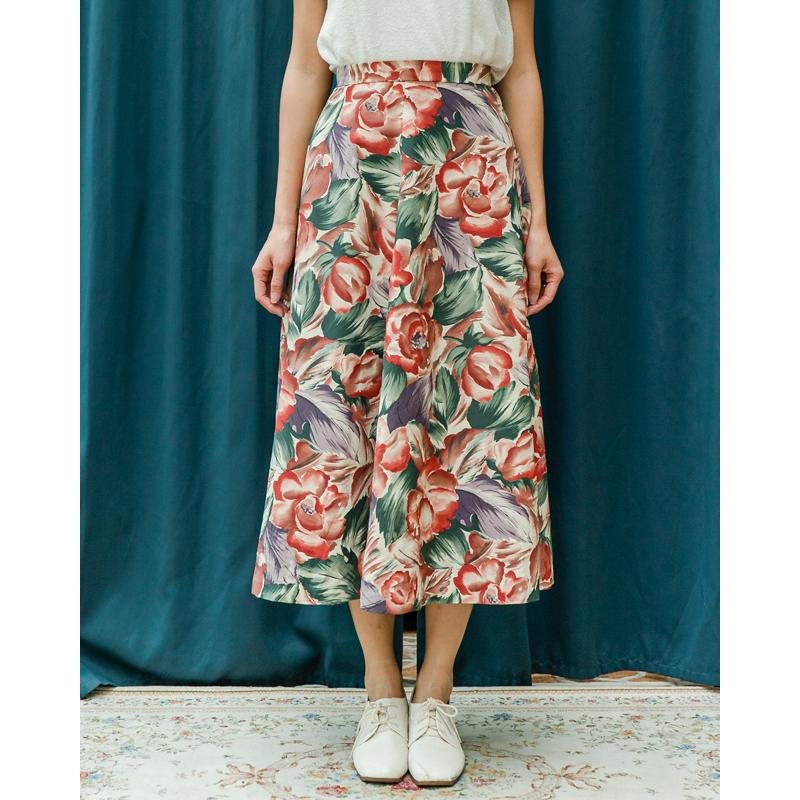 C.a.2000 Designed in Japan Artistic Rose Print Waist Tea Length Swing Skirt - 26"（MT1606-03）