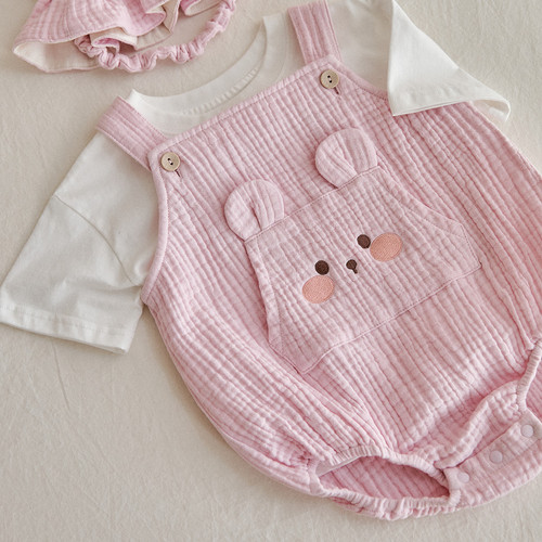 26S/S DTD奶萌人物系列 - 有機棉紗背帶爬服 / 娃娃帽