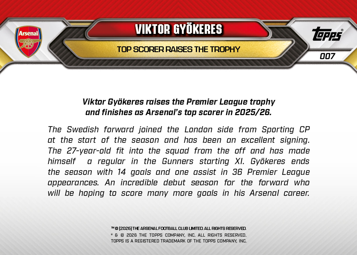 Viktor Gyökeres - 2025/26 Arsenal FC Topps NOW #7 英超冠軍神射手卡｜PR 4,291