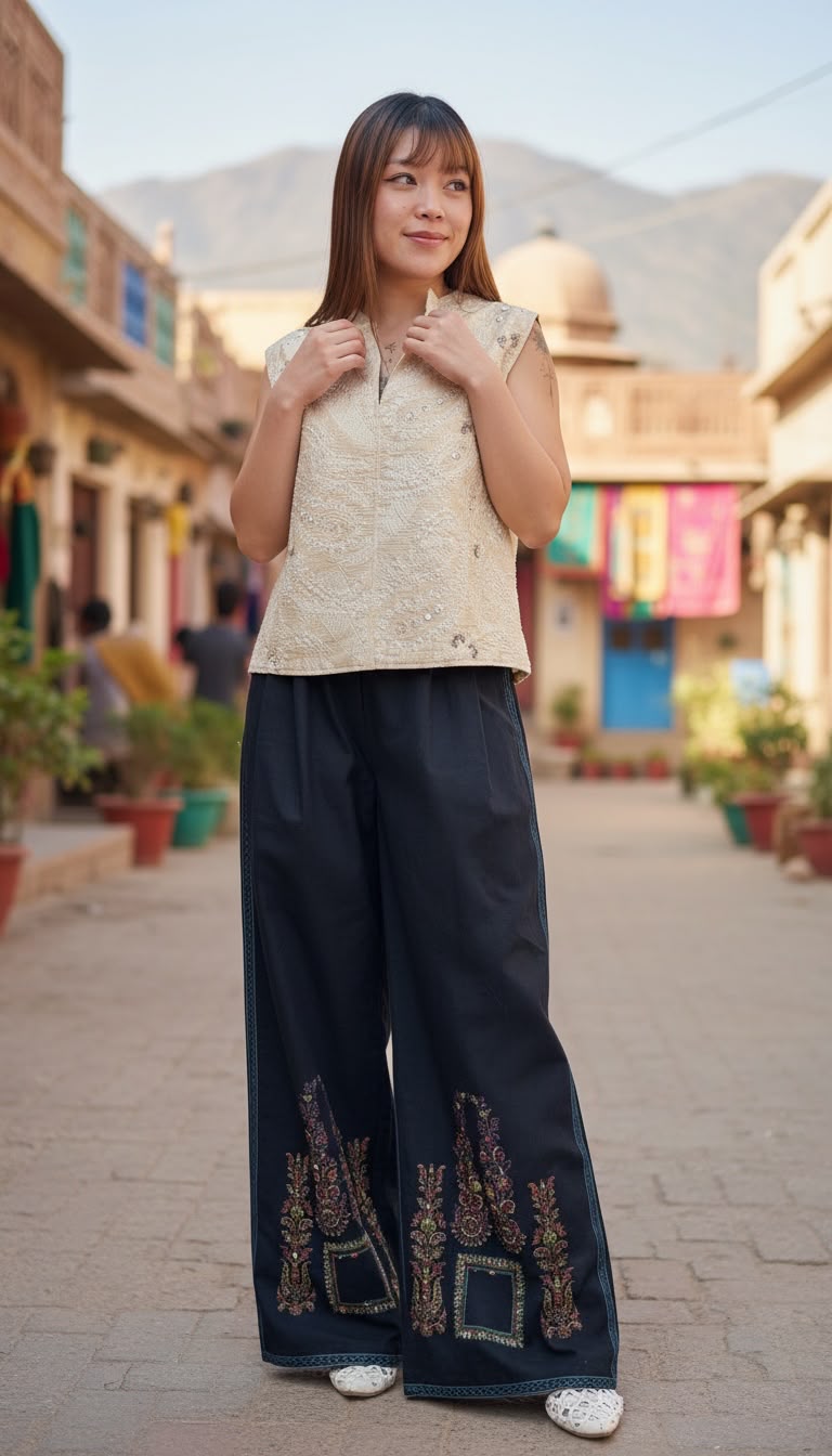 PKT 2628 Black Cotton With Full Emb Pants 