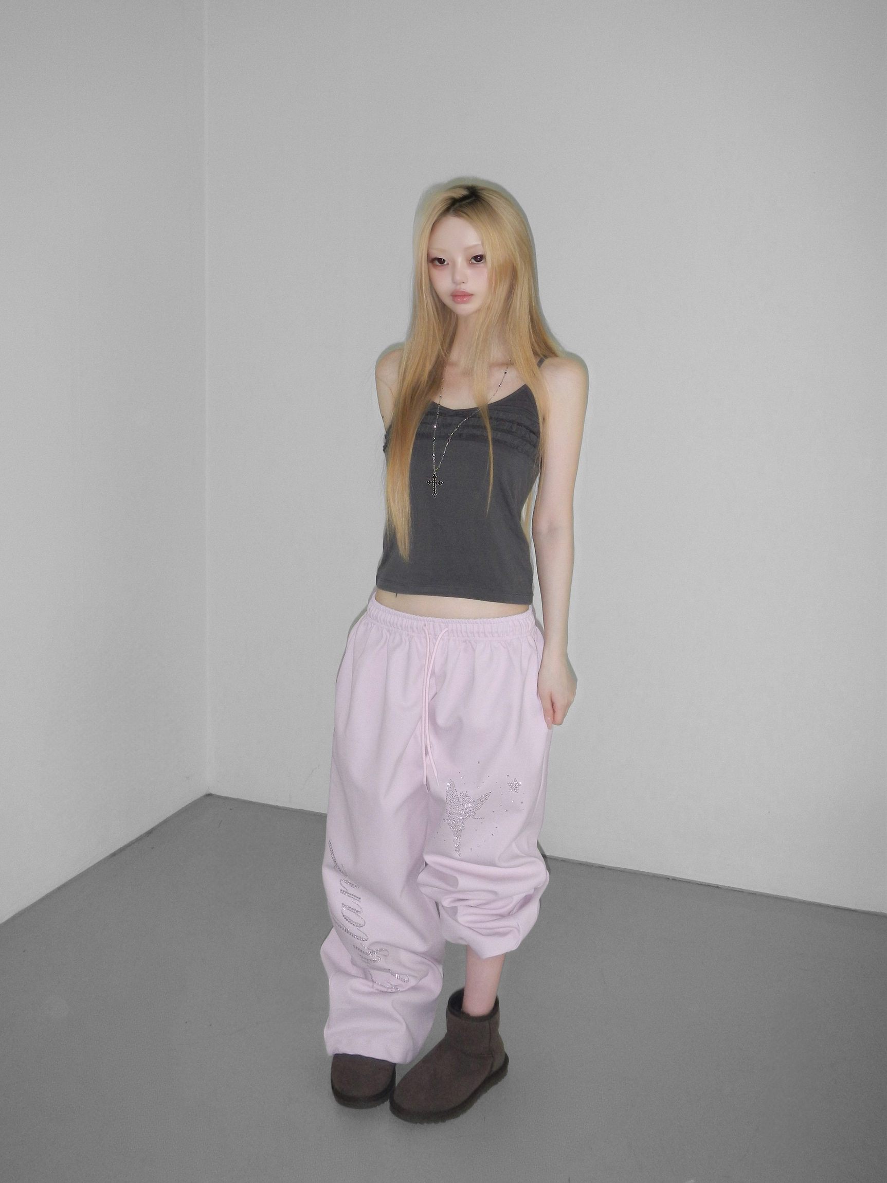 Rhinestone Graphic Wide-Leg Pants