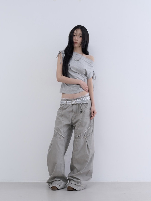 Asymmetric Eyelet Lace-Up Off-Shoulder Top