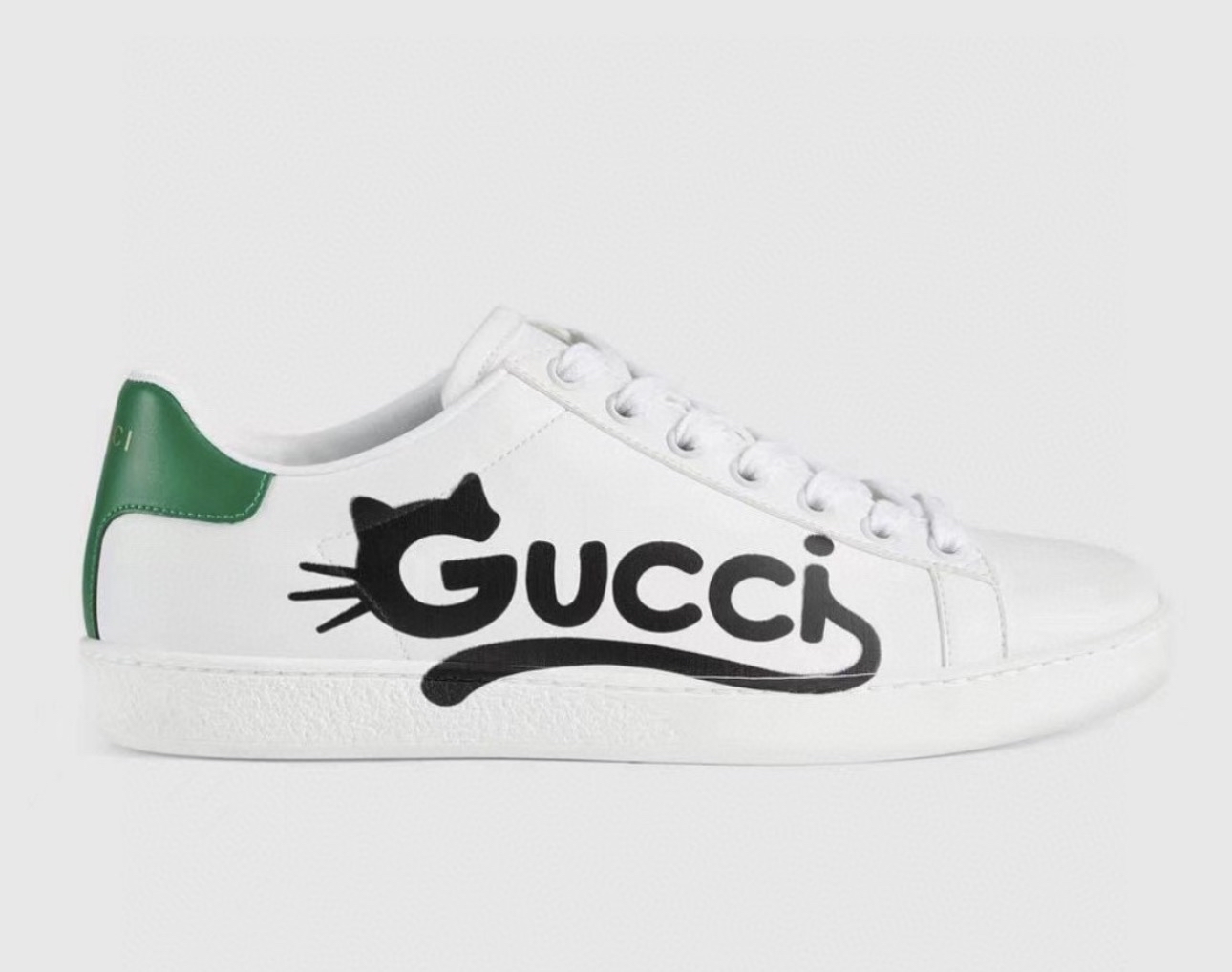 Gucci 貓造型圖案白色皮革運動鞋
