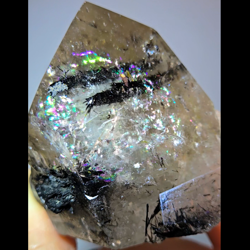 Black tourmaline inclusion smoky quartz with rainbows - RT1457