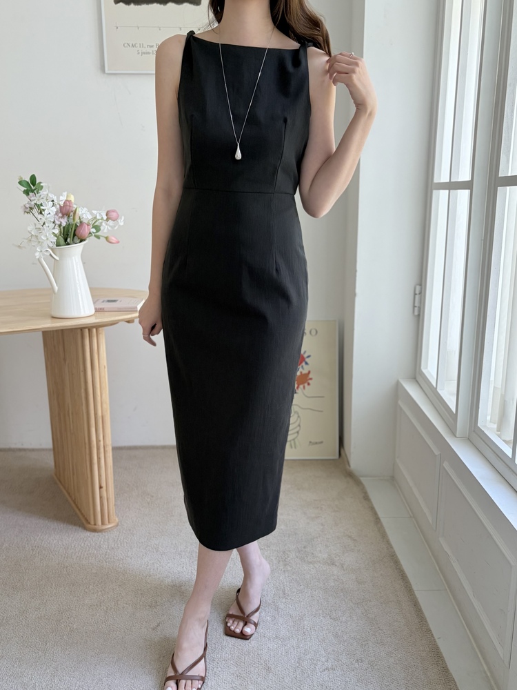 Linen Blend Twisted Strap Dress (Black)