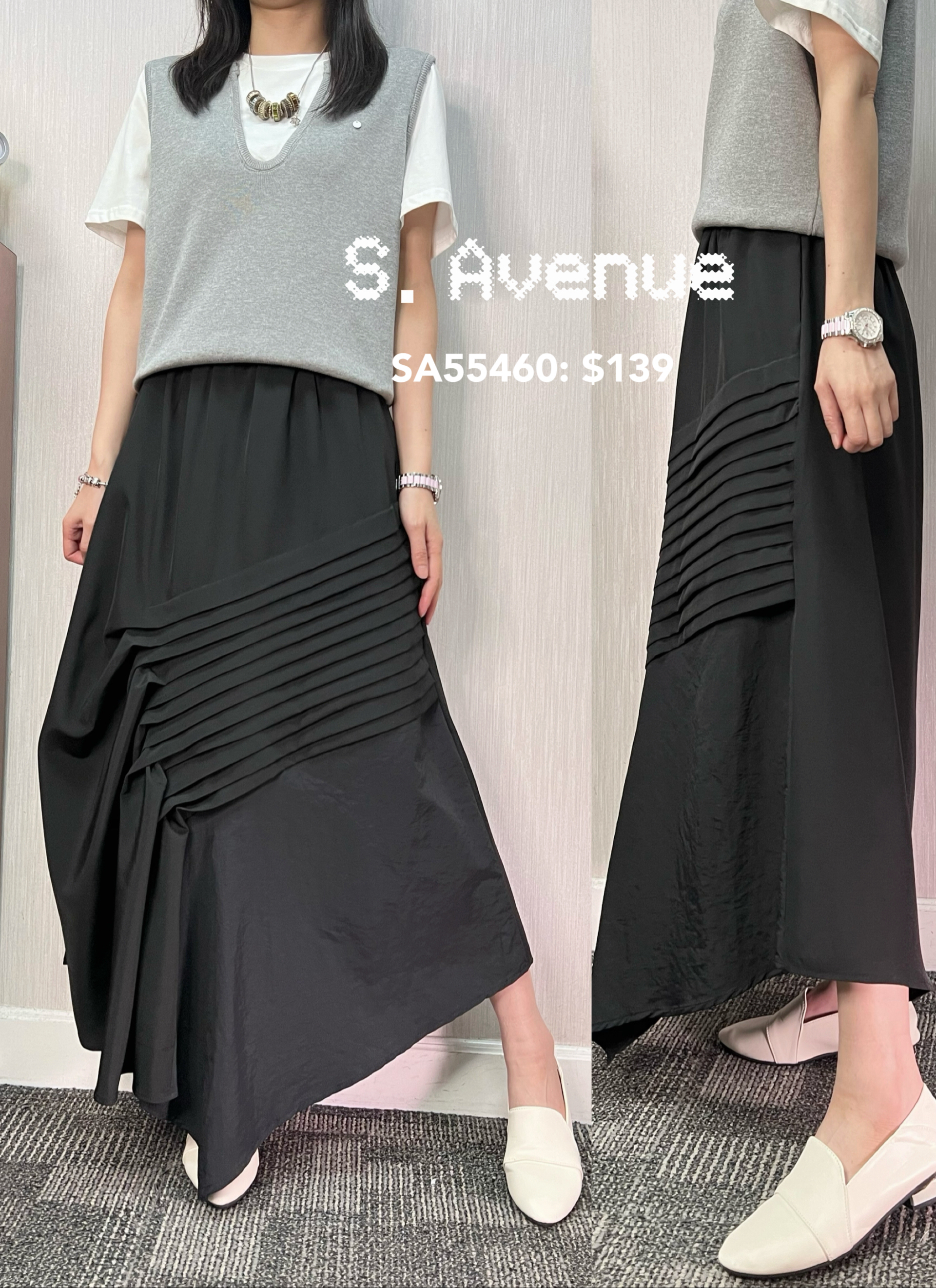 SA55460: 橡筋腰側壓撍不規則長裙