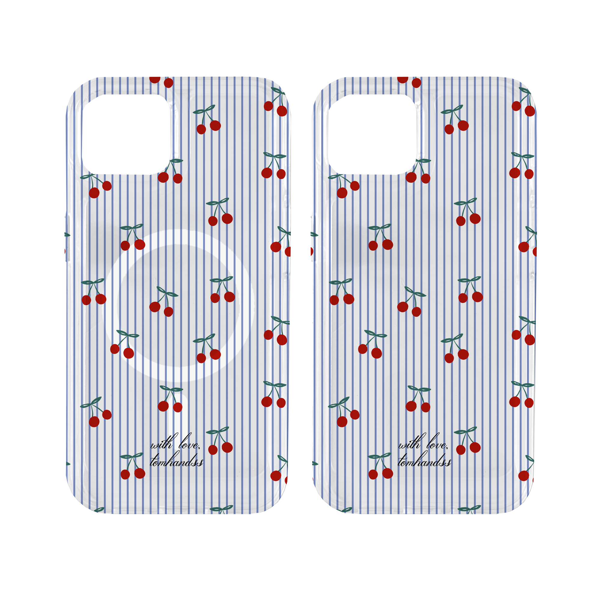 【Cherries in blue stripe】透明MagSafe iPhone Case