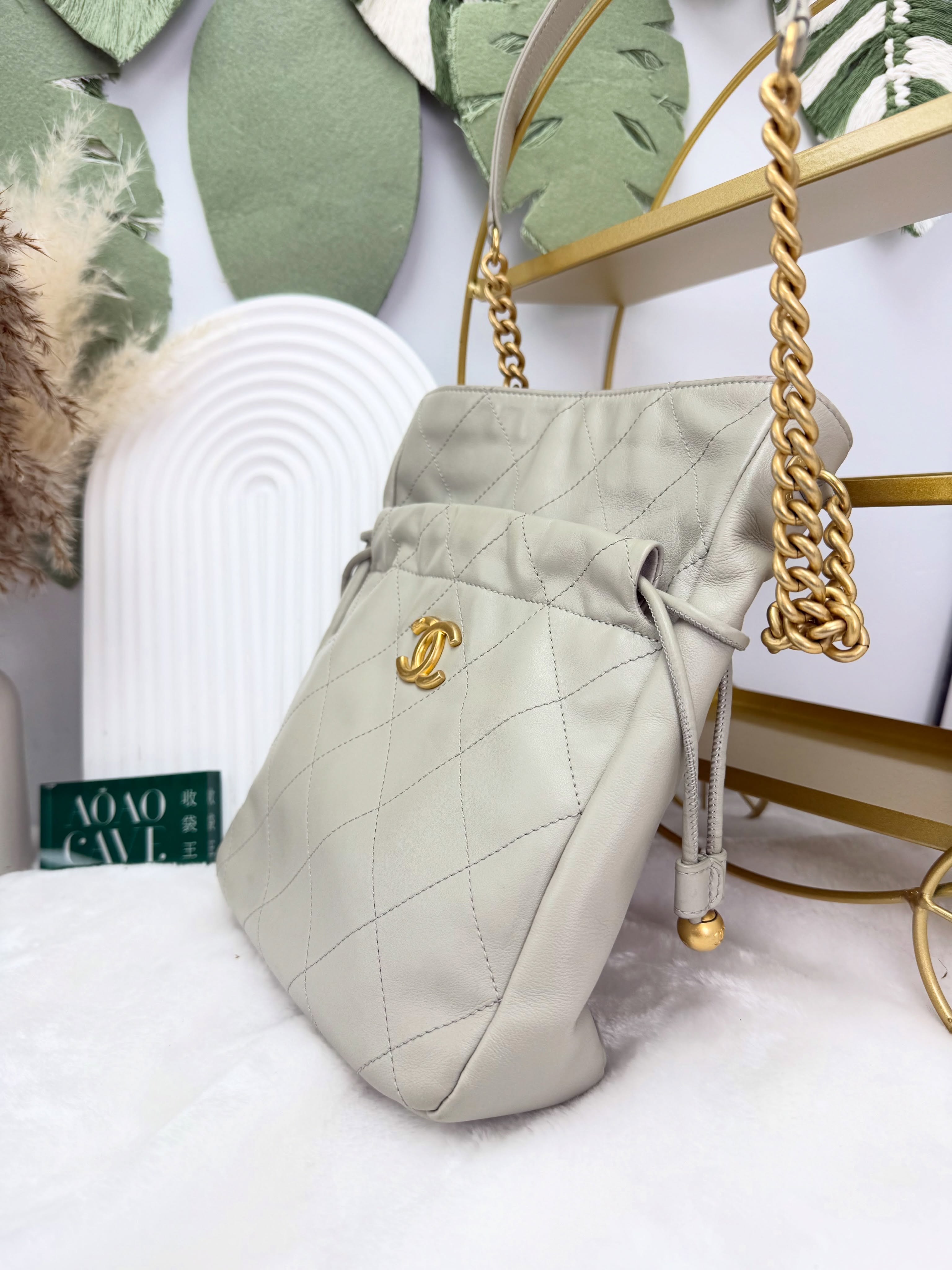 Chanel👜 PRE OWNED 🛍️灰色 金扣菱格鏈條單肩包 🩶