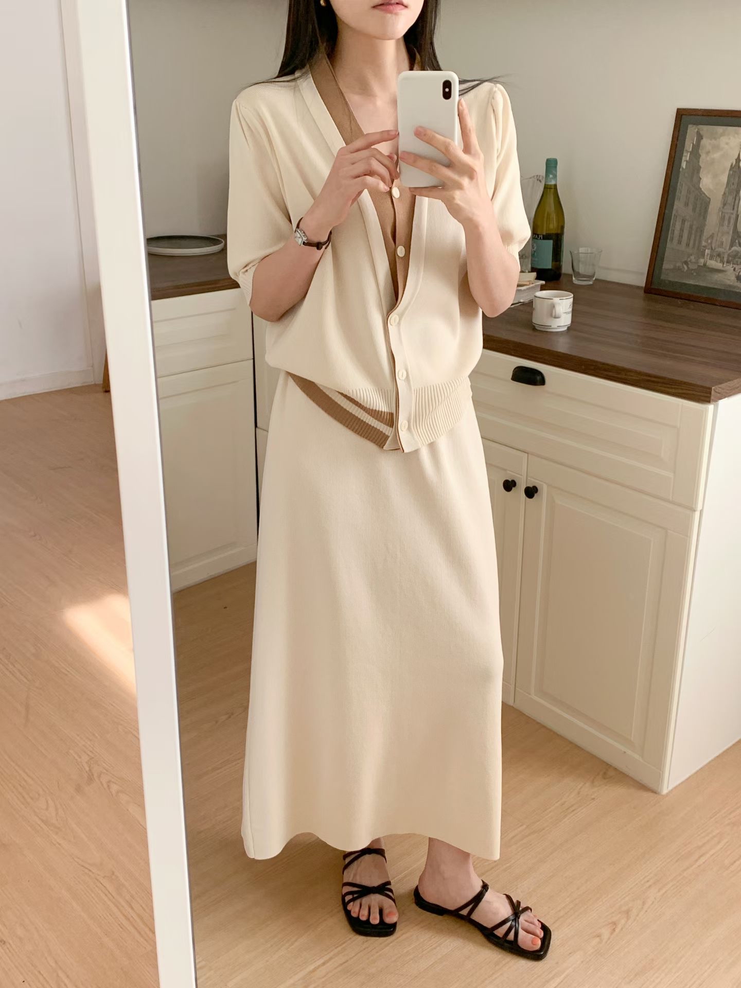 CT19 開鈕拼色外套+裙set 