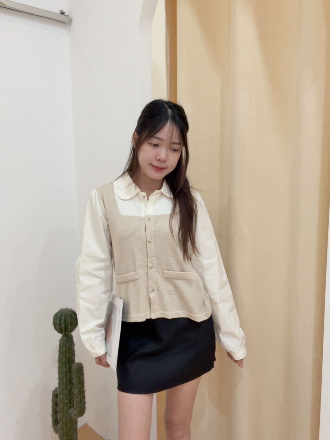 韩系翻领针织假两件拼接长袖衬衫 R2607