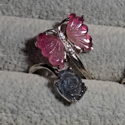Candy tourmaline butterfly and rose ring, adjustable sterling silver (A) - TR278