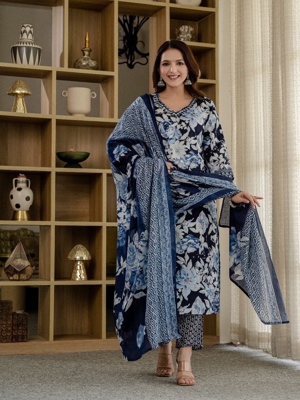 Navy Blue floral print Kurta set