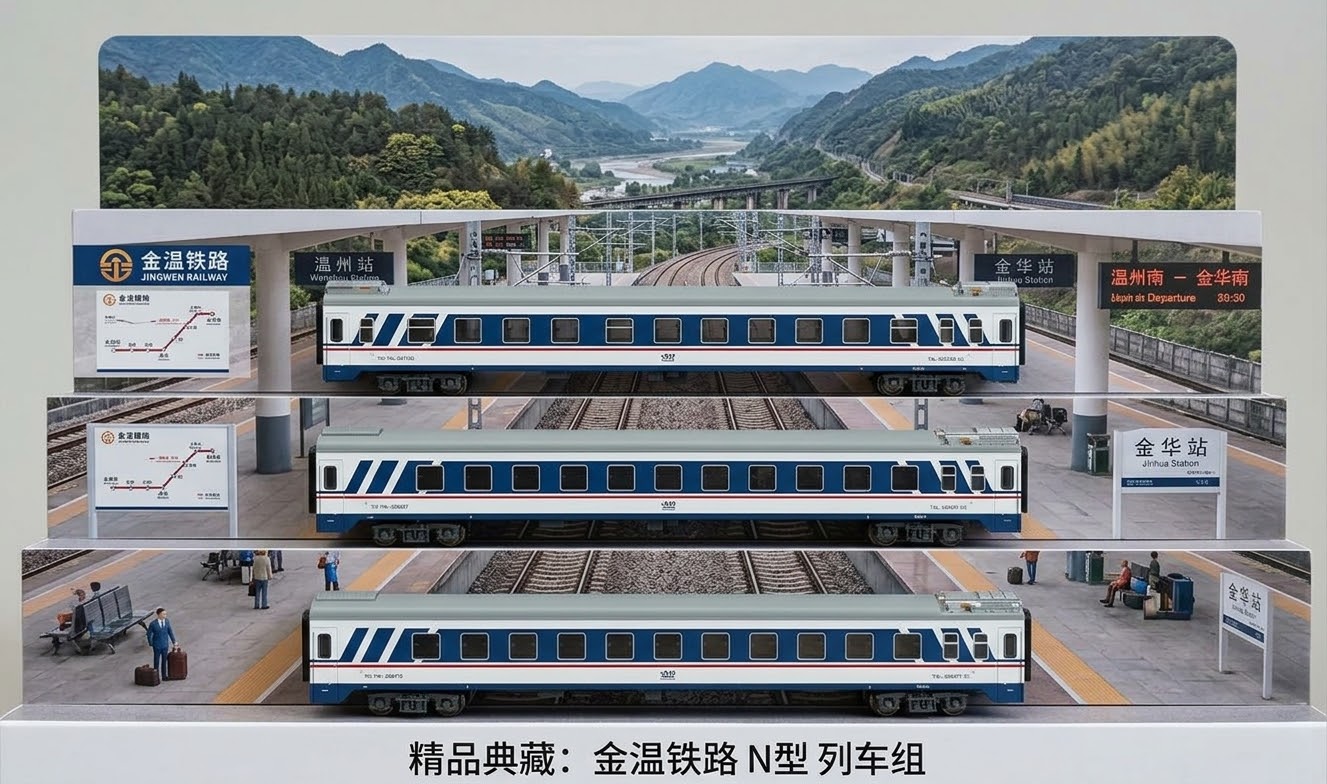 金温塗裝客運列車25G Kunter中國N比例3節客車組(硬座x1硬卧x2)