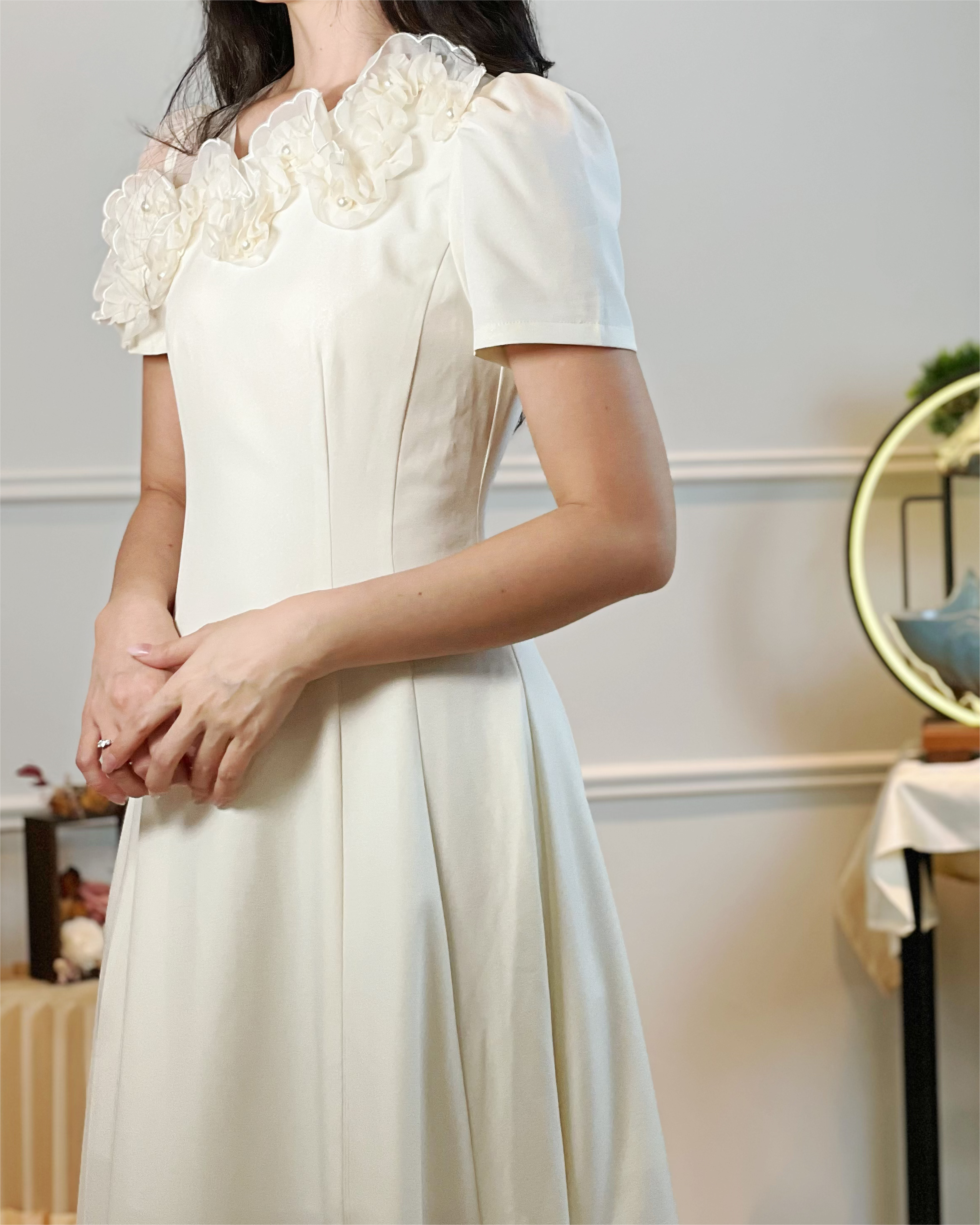 5093 3D Floral Chiffon Appliqué Midi Dress