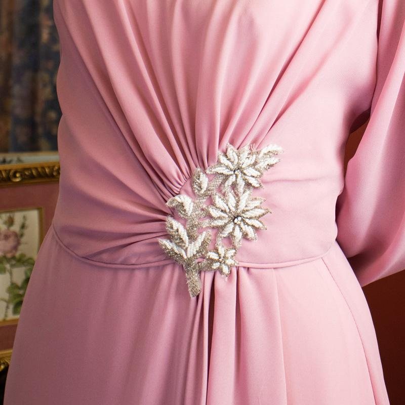 1970s/80s Does 1930s Style Rose Pink Long Dress with Waist Appliqué (MU108-11)