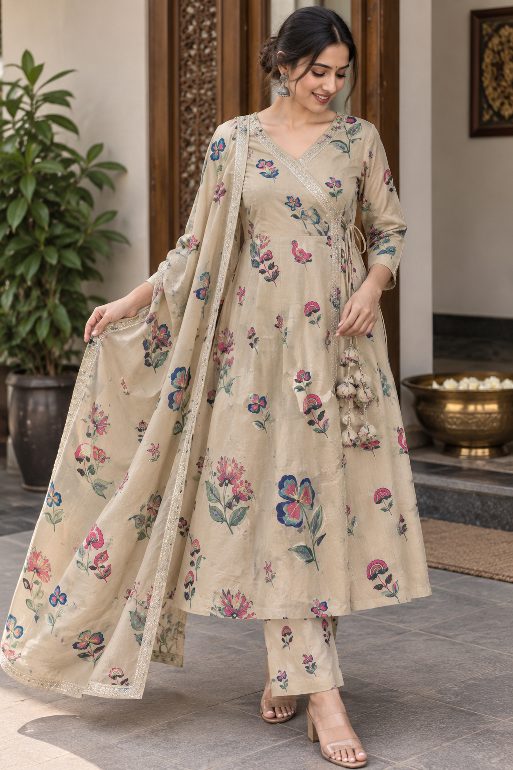 Light Olive Floral Cotton Anarkali set