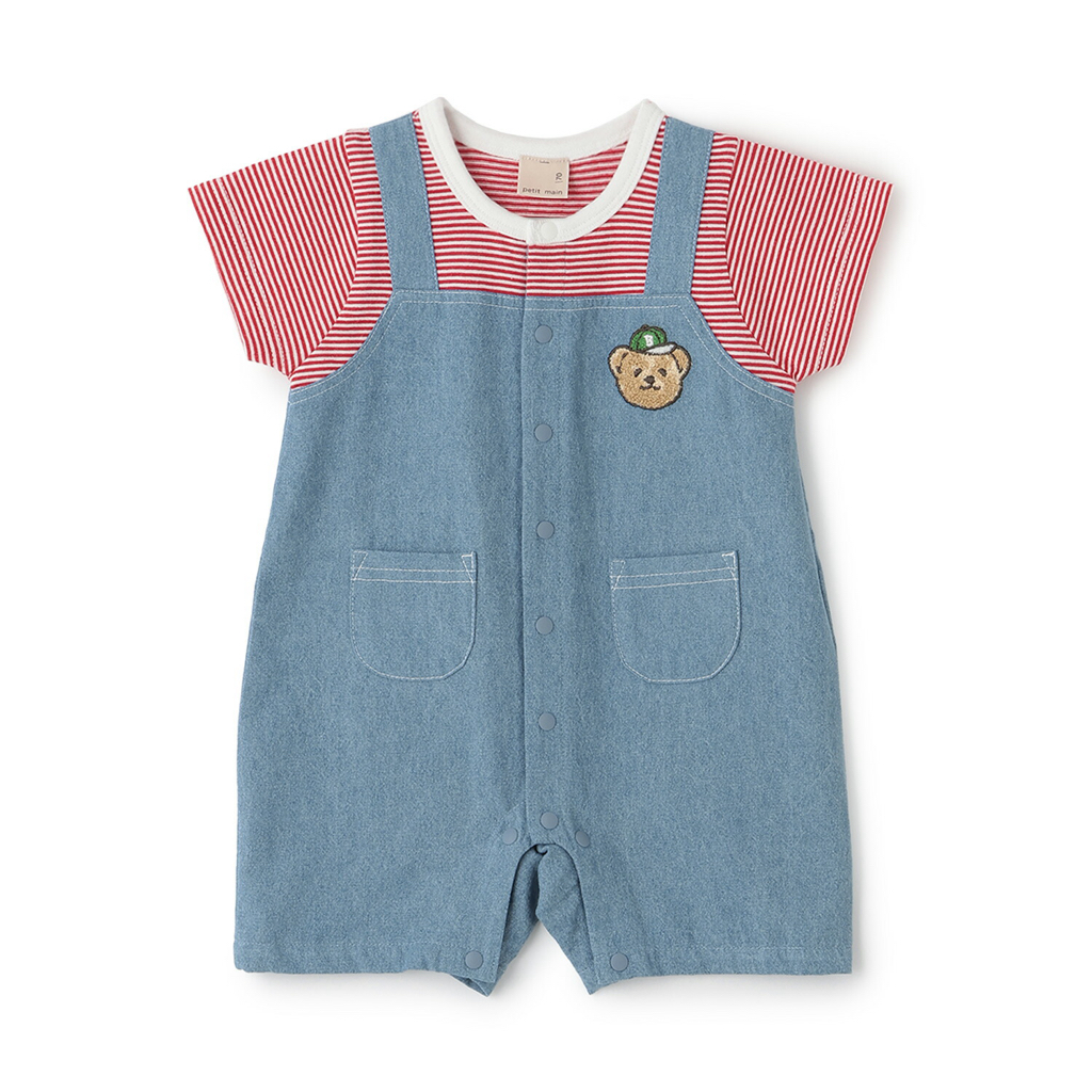 🇯🇵預訂 日本直送🇯🇵Petit Main三色動物刺繡條紋吊帶口袋短袖連身服