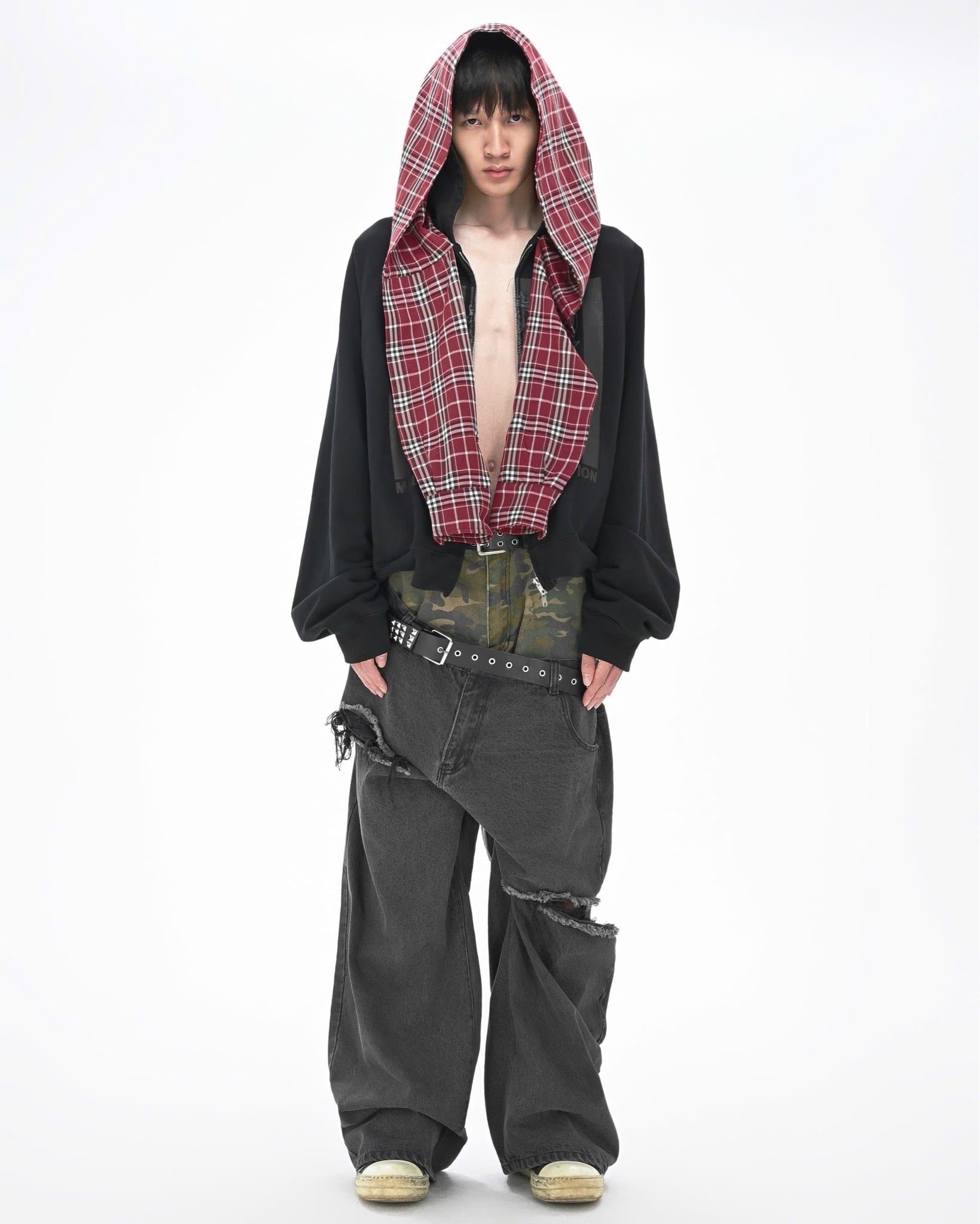 CHECKERED SCARF ZIP HOODIE - Faded Black