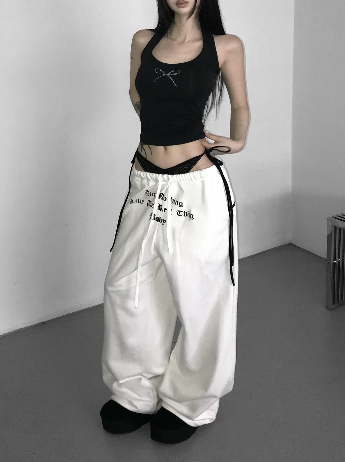 Layered Lace Waist Graphic Wide Leg Pants