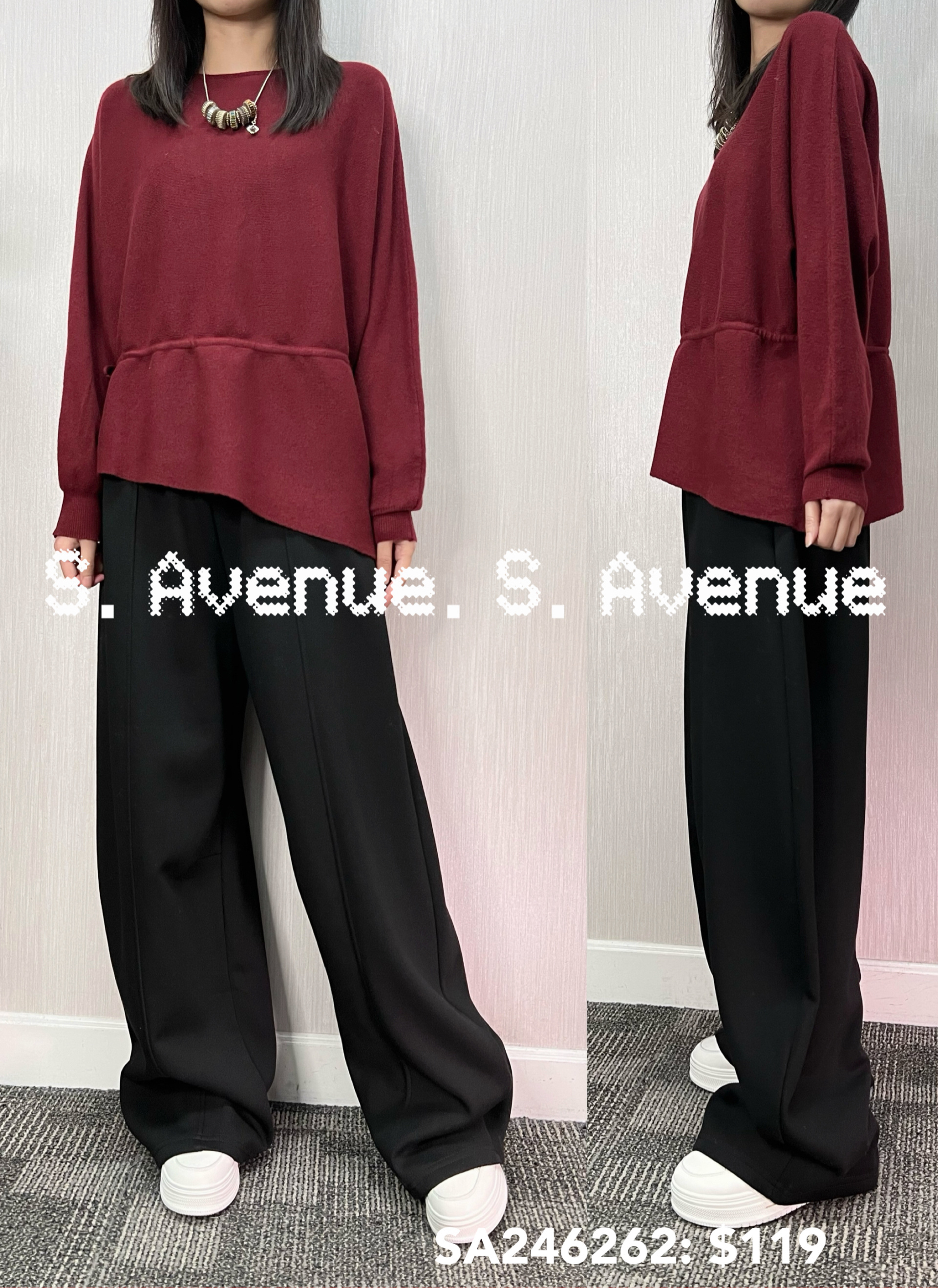 SA246262: 長袖小蝙蝠鈄腳束腰線冷top