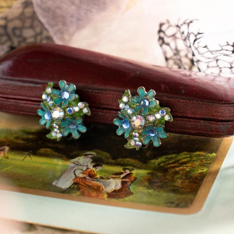 C.a. 1960s German Hand-painted Fairy Floral Cluster Clip Earrings(NA0724)
