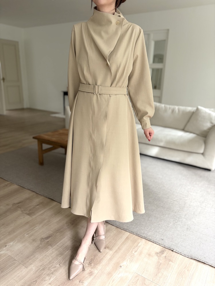Classic Flared Trench Dress (Warm Beige)