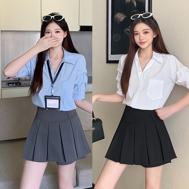 B148(3919) 韩系气质交叉翻领单口袋蓝白衬衫上衣 