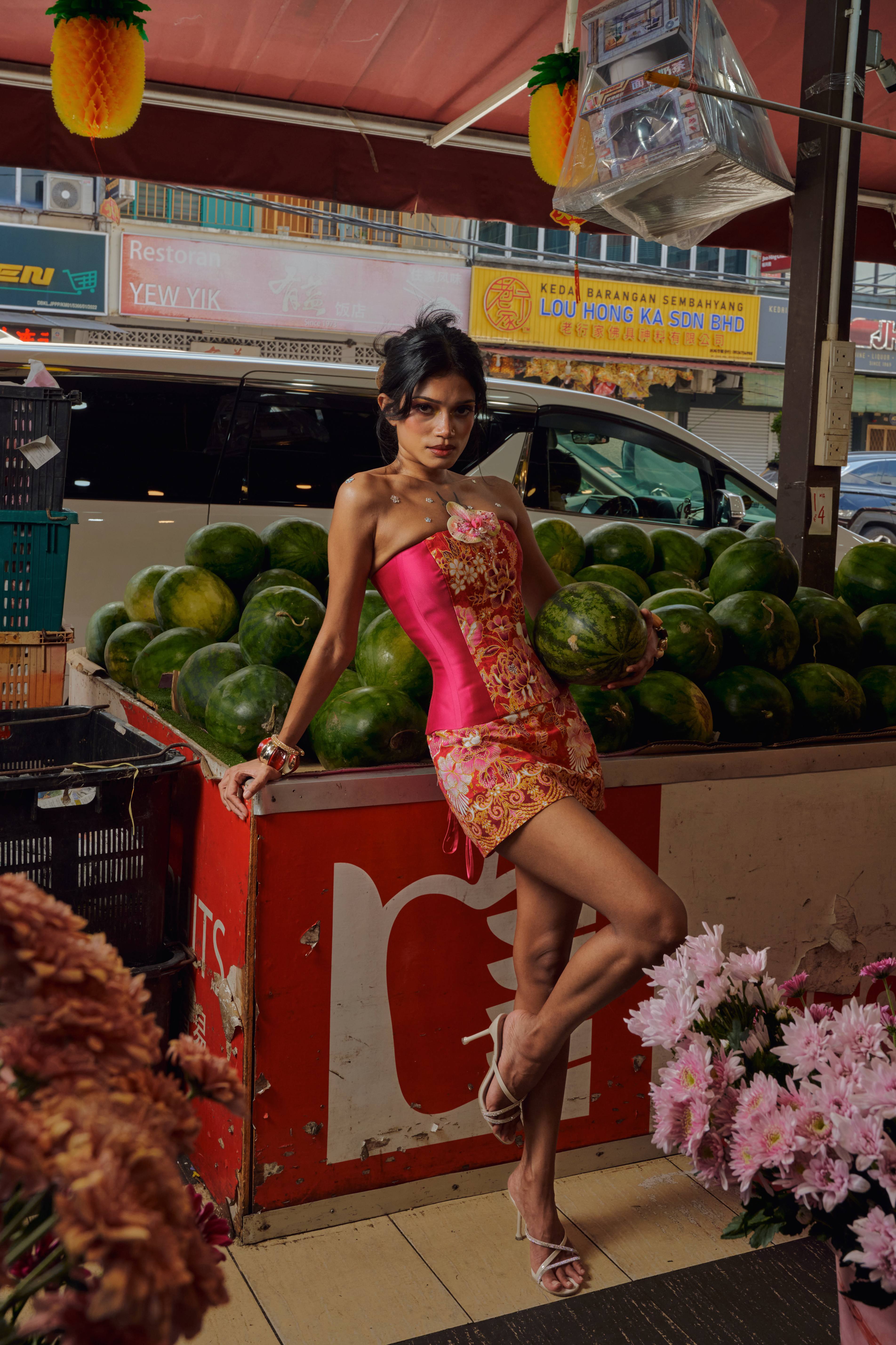 HABA Reversible Longline Corset and Mini Skirt in Hot Pink Batik