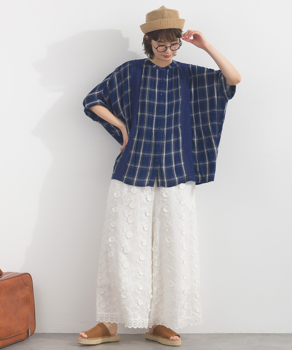 LP - 人造絲縐紗襯衫 (藍色格紋)