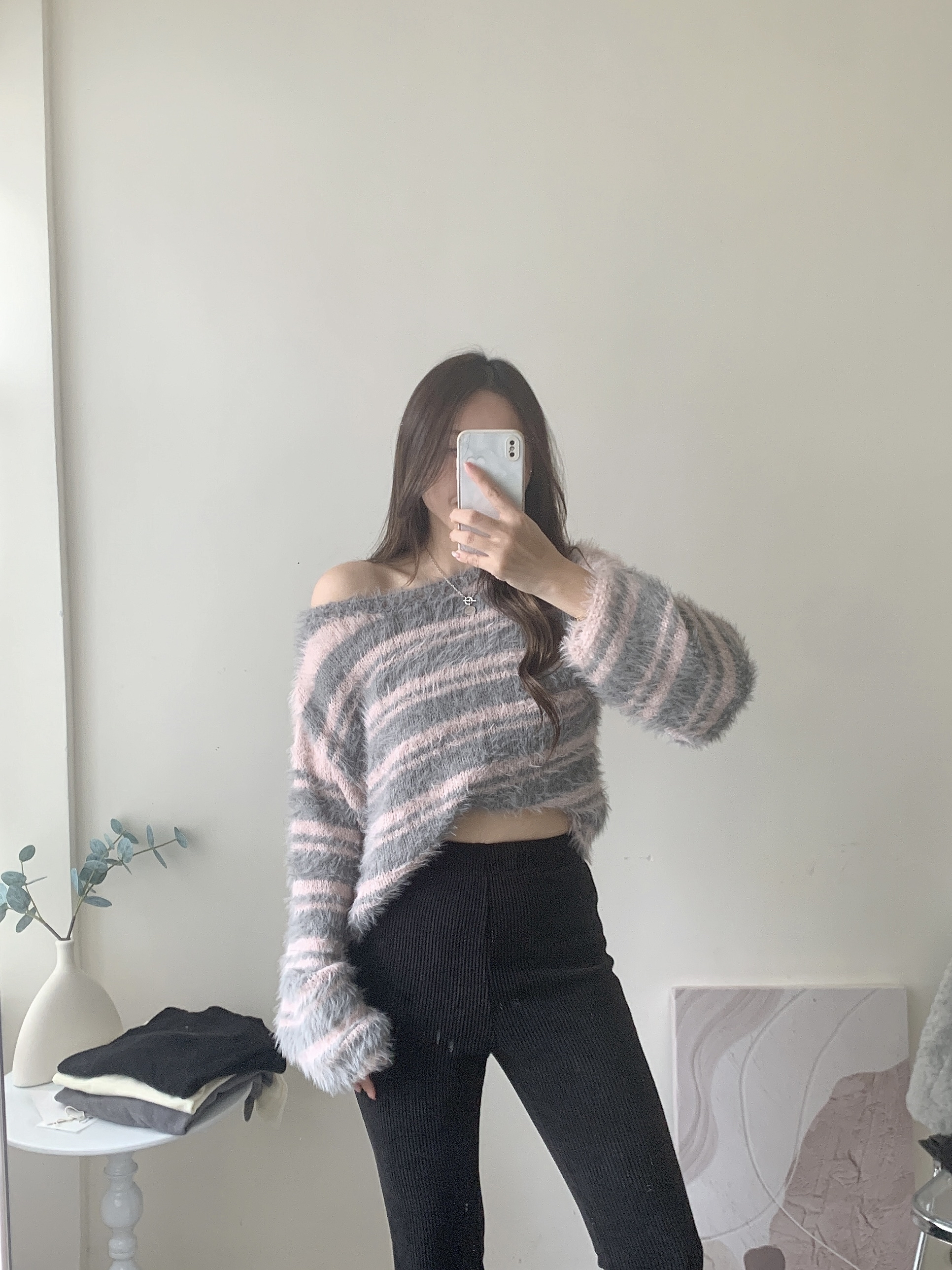 灰粉間水貂毛毛Top