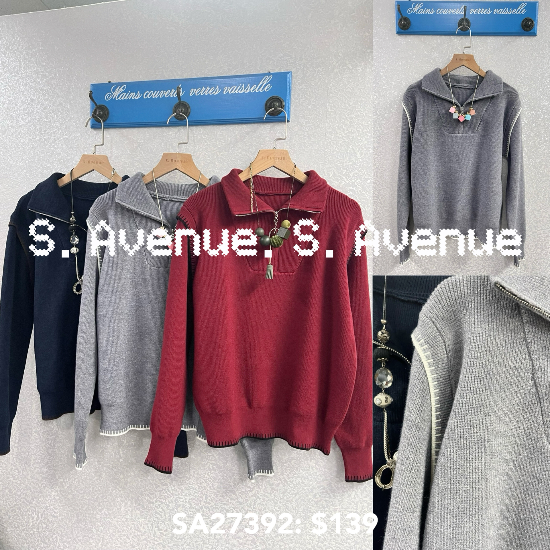 SA27392: 長袖拉錬領袖繡邊假兩件top