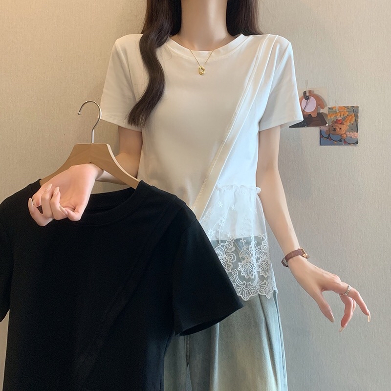 B357(16813) 韩版纯色圆领短袖拼接下摆层蕾丝透黑白上衣
