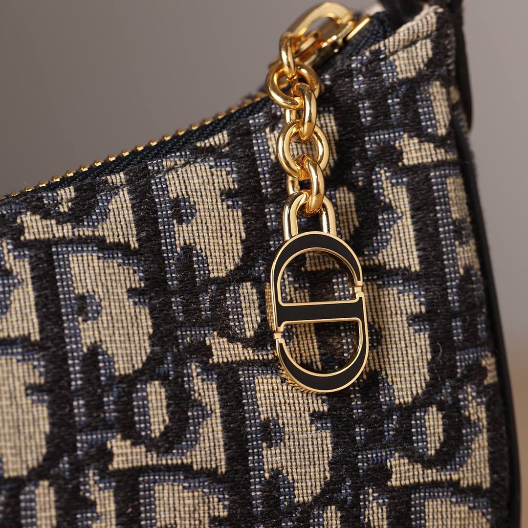 CD LOUNGE 手袋蓝色 Oblique 印花👜✨ 独家渠道货 独家腋下包老花 尺寸：26 x 15 x 5.5 厘米 这款 CD Lounge 手袋是2023夏季新品，彰显 Dior 的现代审美与高订风范。 采用蓝色 Oblique 印花面料精心制作，突显 Dior 经典图案。 经典链条与皮革搭配，交替饰以金色饰面金属和同色调珐琅链环，可折叠设计，可肩背或手提。 拉链开合搭配 CD 拉链头 可调节肩带，链条部分由金色饰面金属和与皮革同色调的珐琅 CD 链环组成，搭配皮革带 内含防尘袋