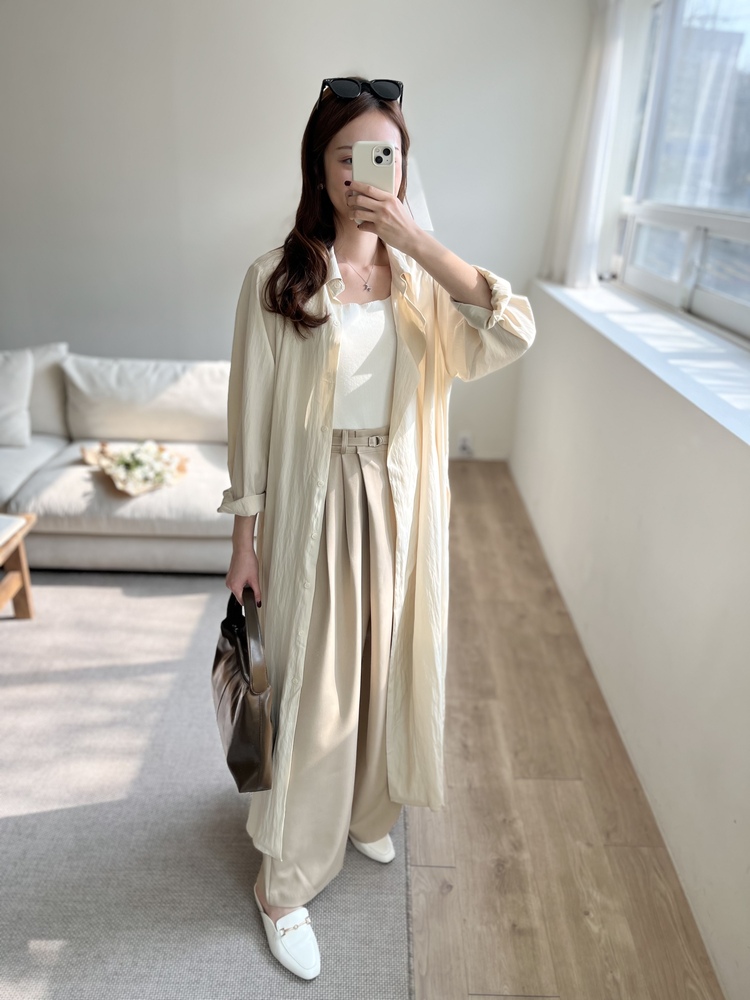Minimal Belted Shirt Dress (Light Beige)