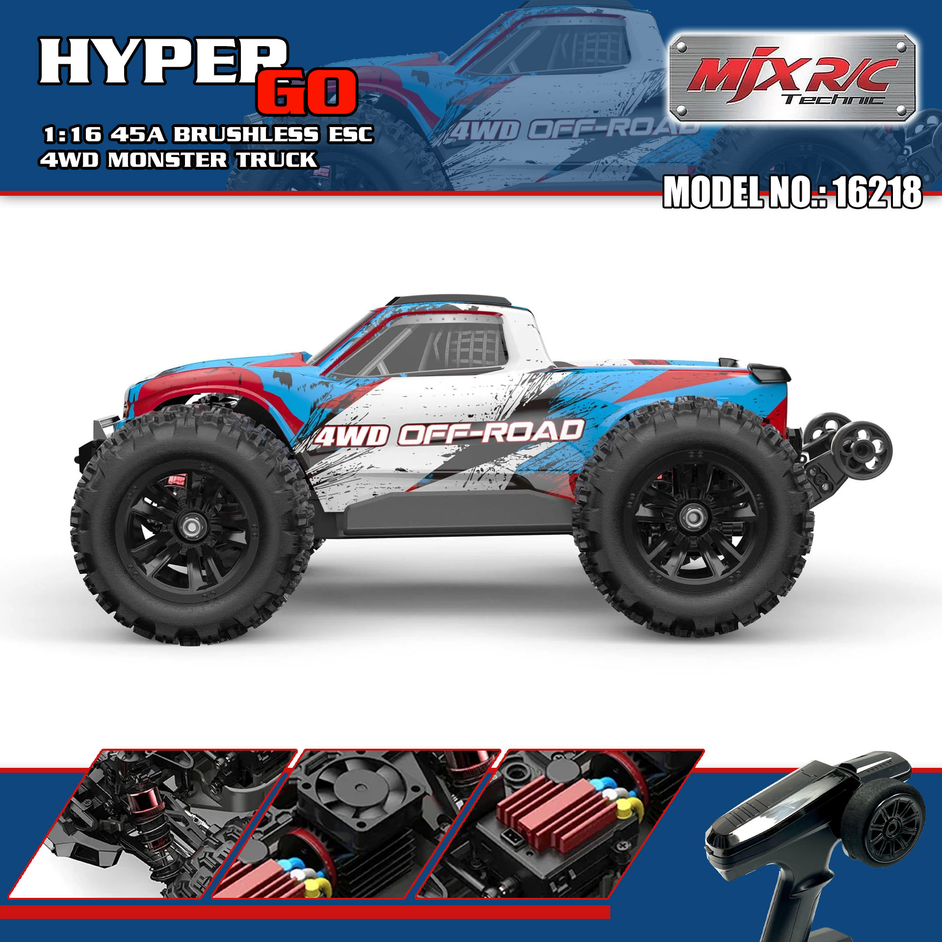 全新 美嘉欣 MJX R/C 1:16 16218 無刷大腳車 | 防翻尾輪 | 金屬齒輪 | 油壓避震 | 可用2s-3s電 | 最高速約60KM/H