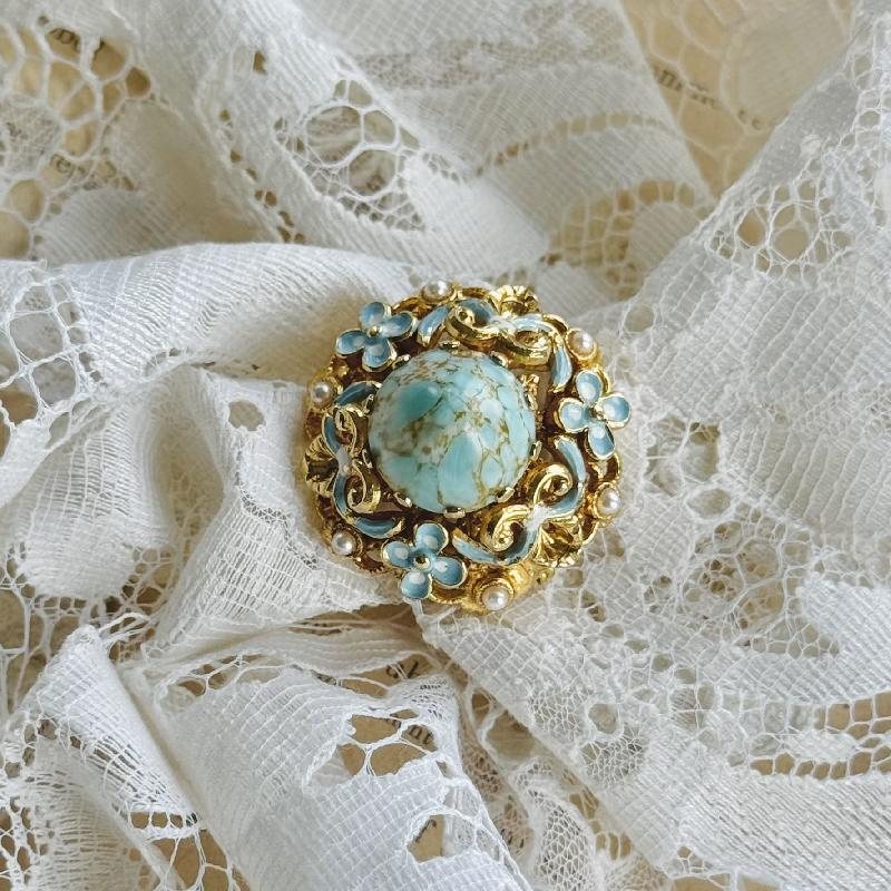 Vintage Mid-Century European Faux Turquoise Mountain Shape 3D Domed Brooch(MW242)