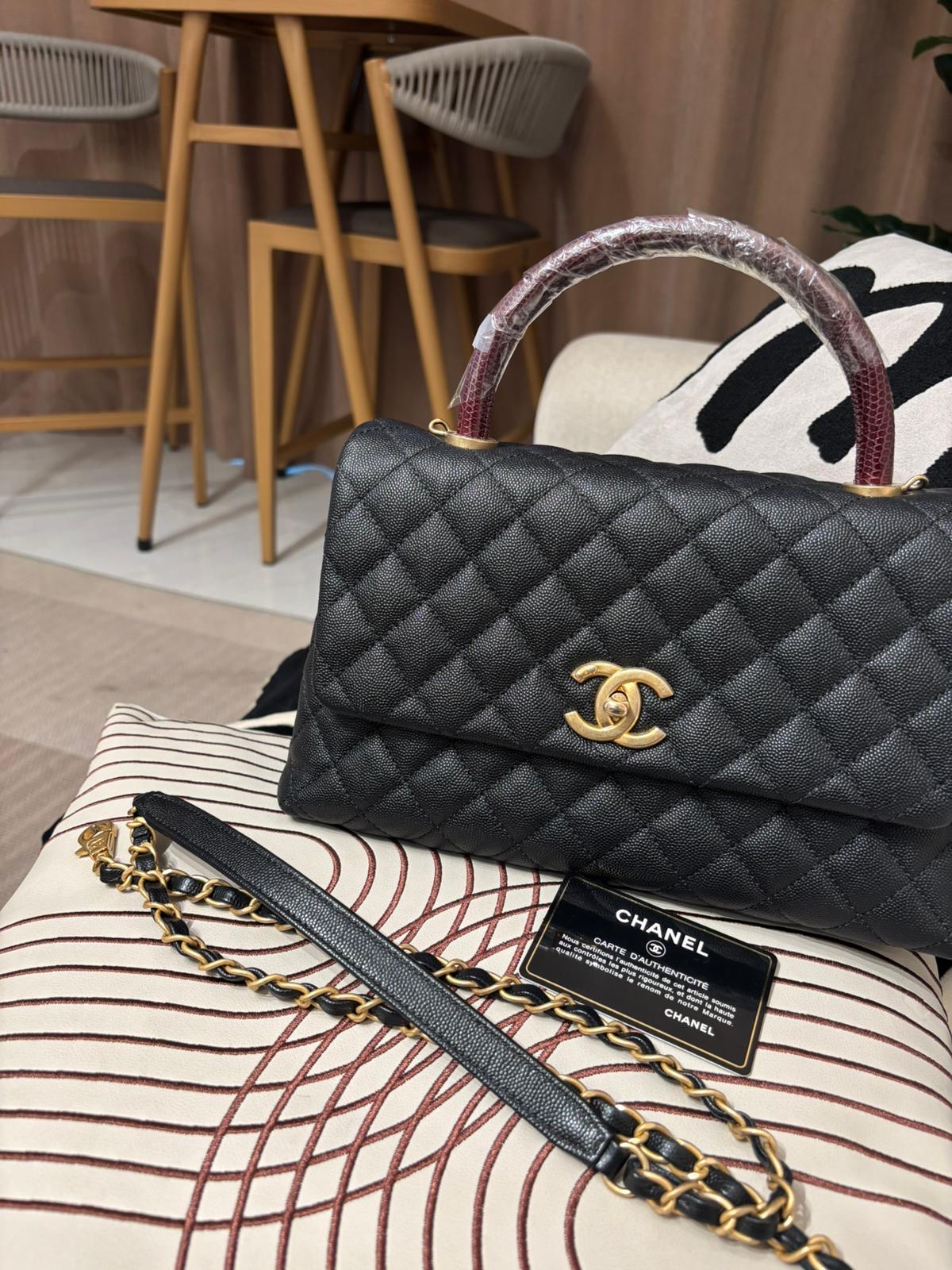 Chanel coco handle Medium 黑色荔枝牛皮金扣蜥蜴皮手柄 100%Authentic, 95%New ✅24Card✅Dust Bag✅Box