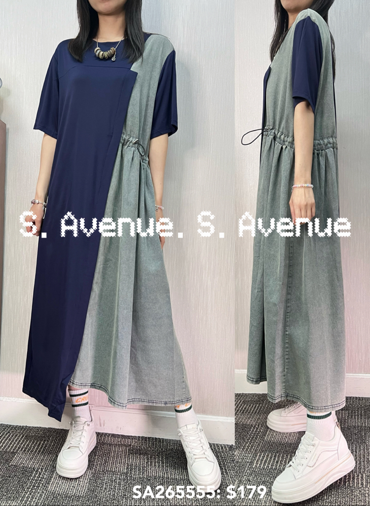 SA265555: 短袖側拼牛仔束腰顯瘦op