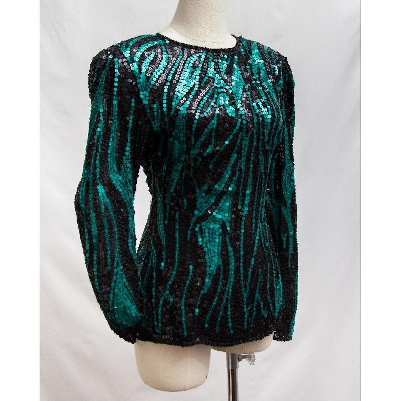 1980s Oleg Cassini by He-ro industries co. Hand-Stitched Green & Black Sequin Silk Disco Top (ZA115)