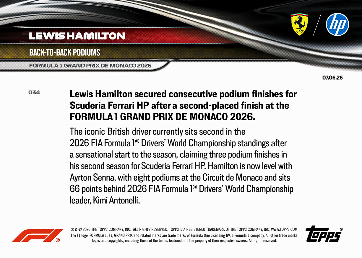 Lewis Hamilton - 2026 F1 Topps NOW® #34 Monaco GP 連續Podium卡｜PR 9,408