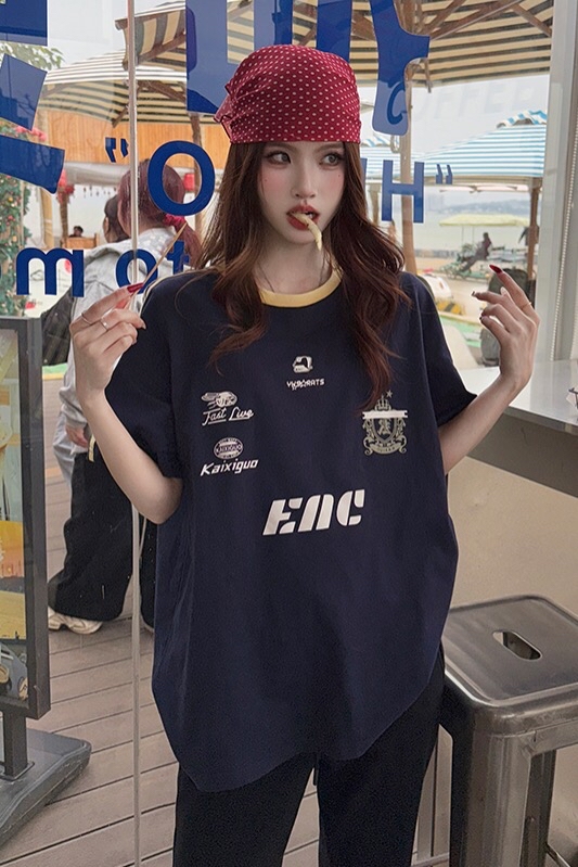 B269(00291) 美式复古机车风撞色圆领边蓝上衣 