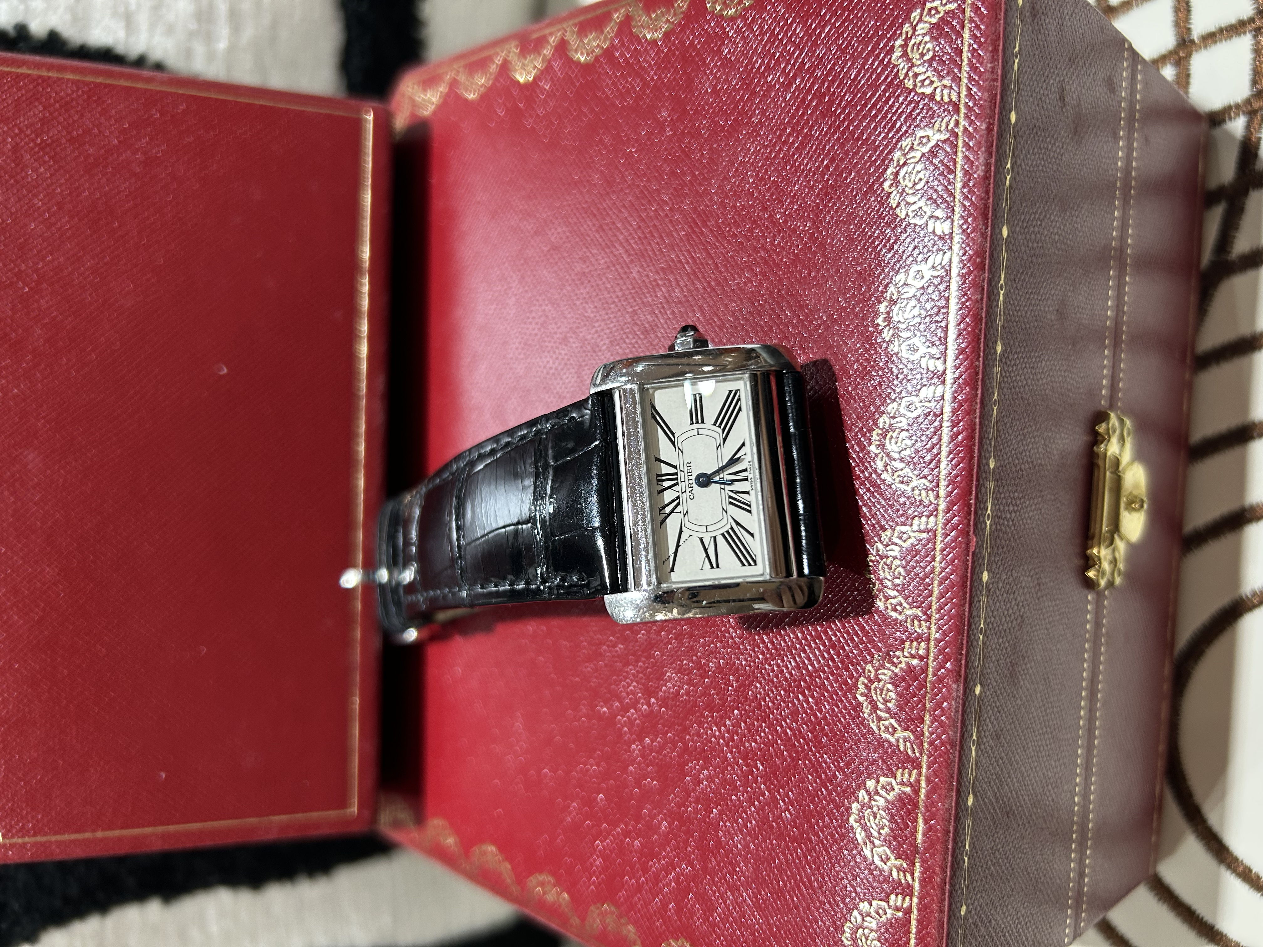 Cartier Tank Divan Stainless Steel Black Crocodile Skin Quartz Watch 100%Authentic, 95%New ✅07證書✅Box✅Booklet