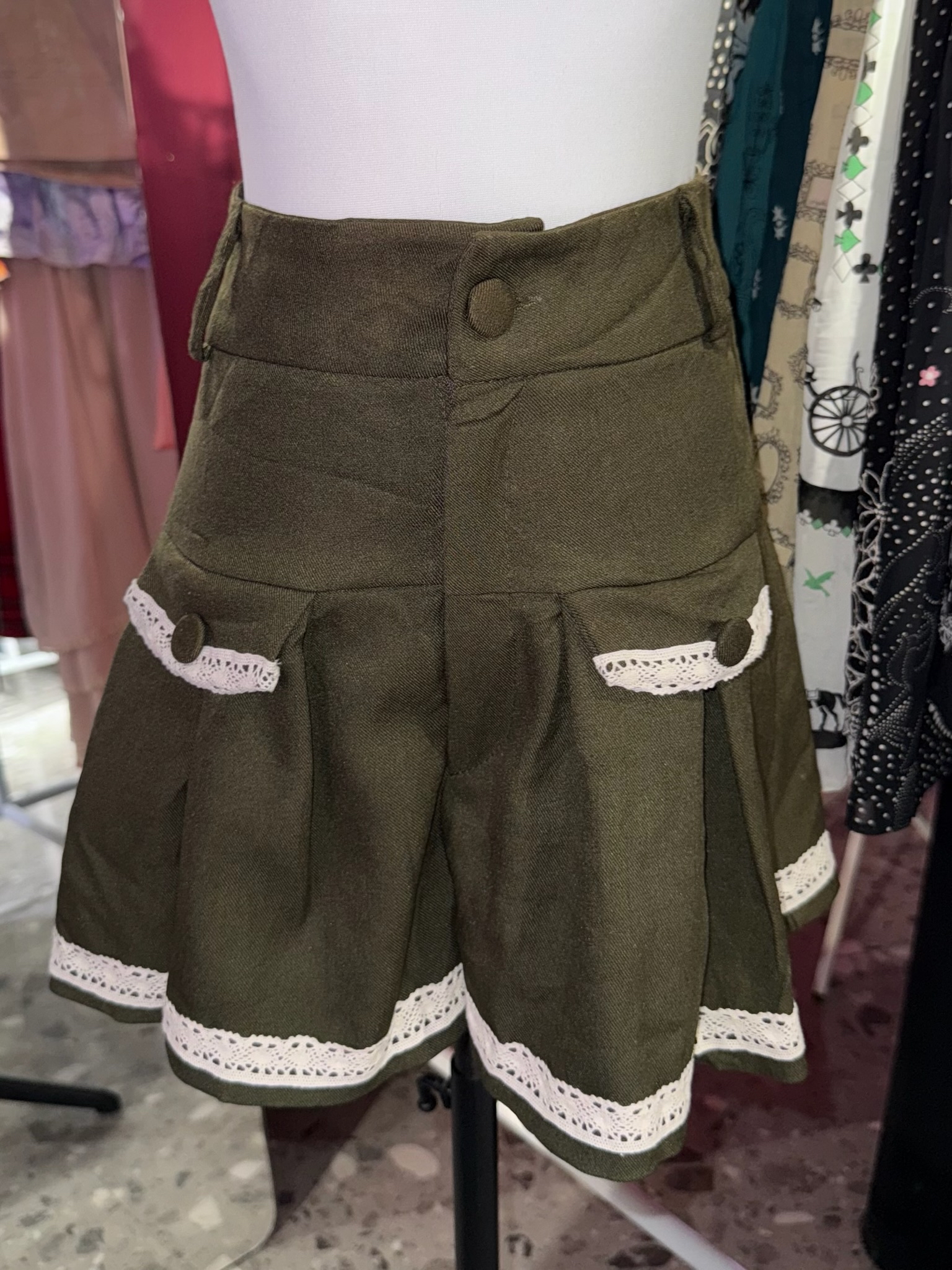 Dark Green Knitted Cardigan Lace Shorts Set