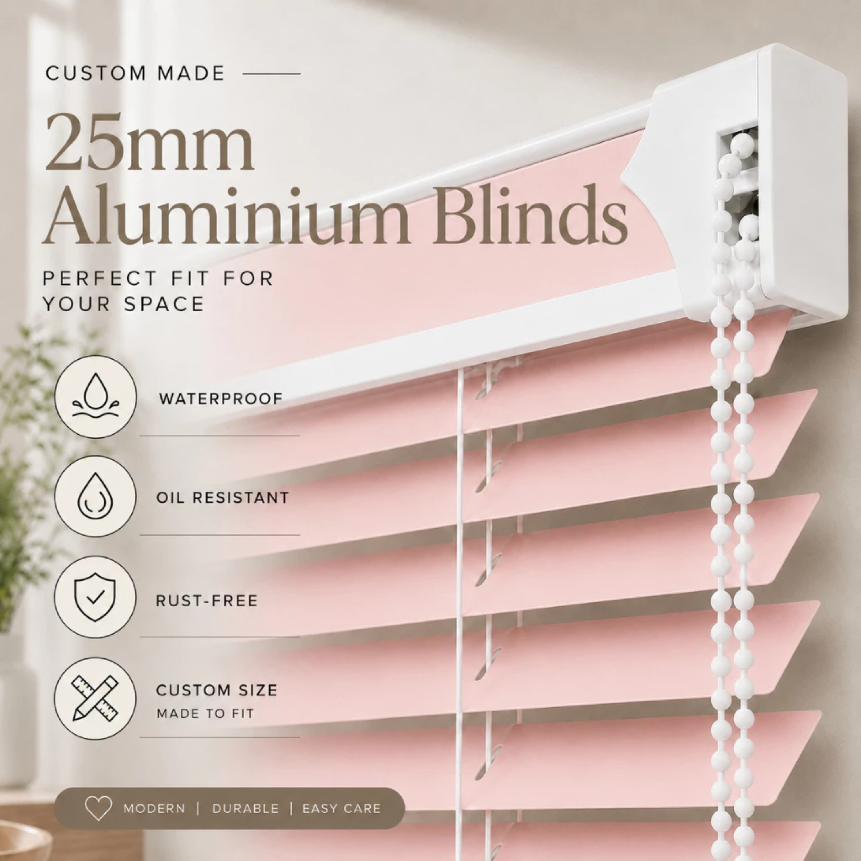 Custom 25mm Aluminium Venetian Blind | Heat Resistant | Friendly Use | Free Consultation | New Rolling System